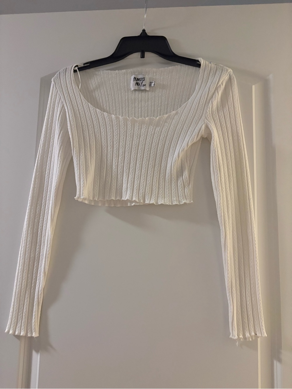 Princess Polly Cream Ribbed Scoop-Neck Long Sleeve Crop Top